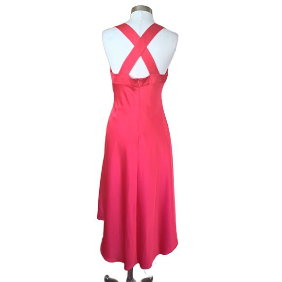 CALVIN KLEIN Red Satin Midi Cocktail Dress Sz 10 Sweetheart High Low X Back - Picture 3 of 9